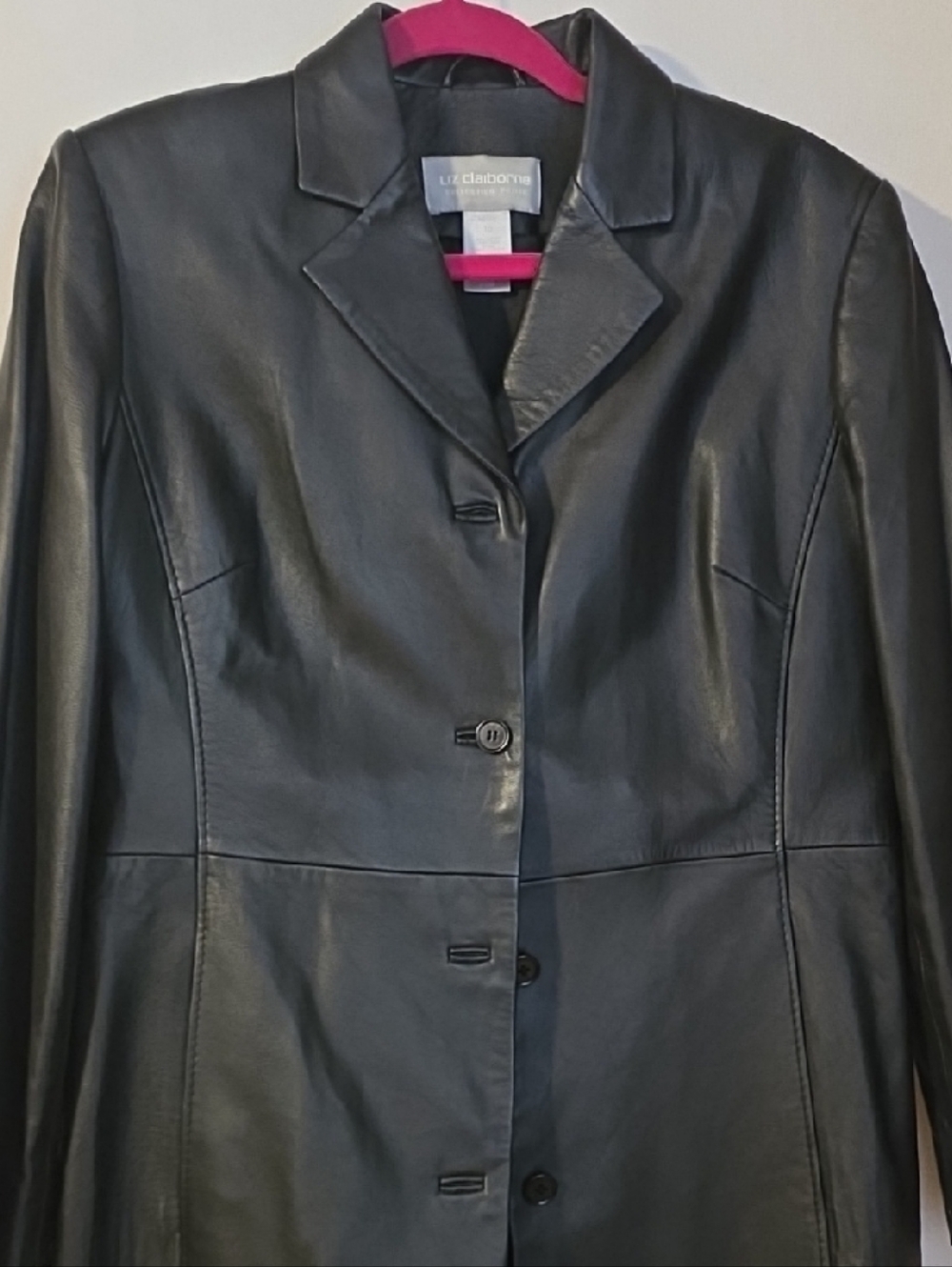 Liz Claiborne Black Leather Tailored Button-Front Jacket